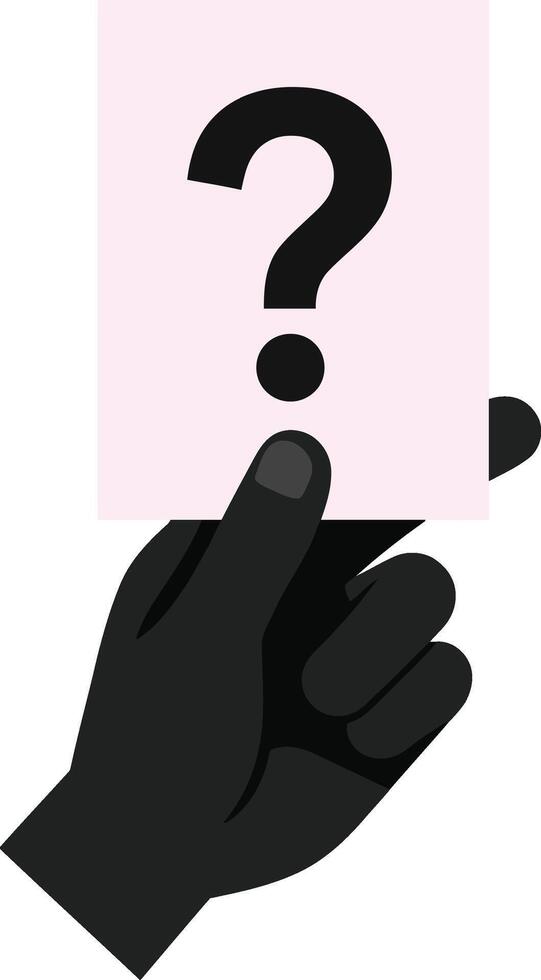 A black hand holding a pink card with a question mark in a minimal flat design style showcasing curiosity and inquiry in art vector