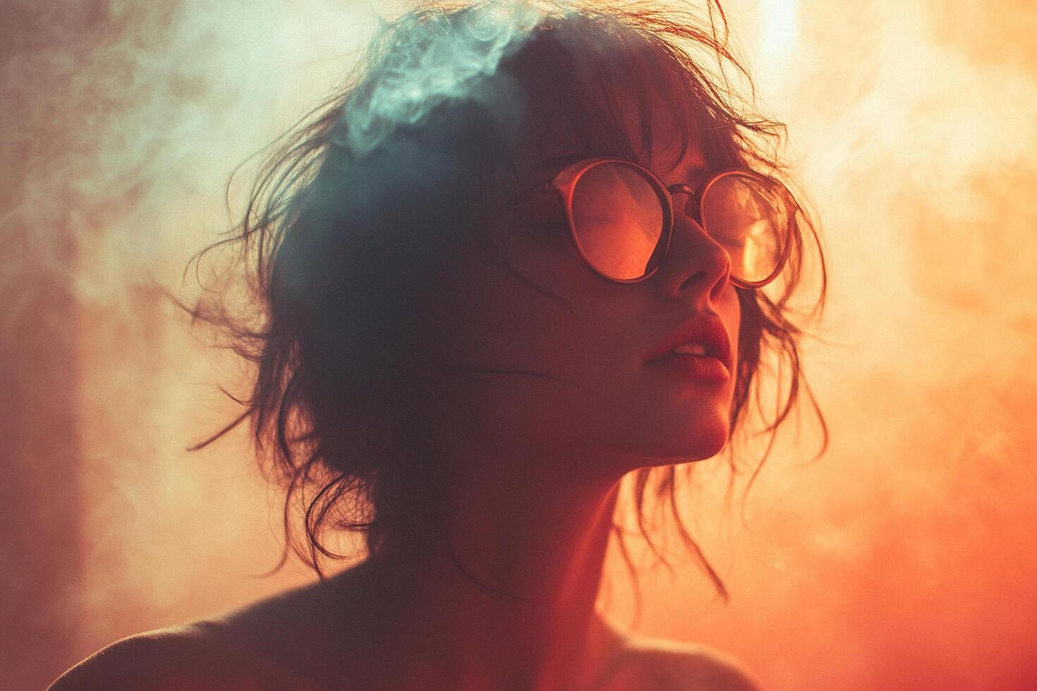 Fashion portrait of young girl in dark glasses with warm smoky effect. Generated by artificial intelligence photo