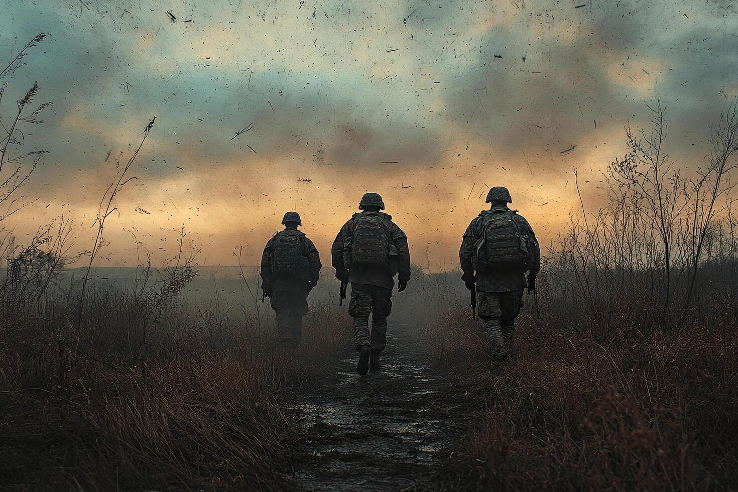Three men in military clothing, carrying weapons, walk into a field during shelling. Generated by artificial intelligence photo