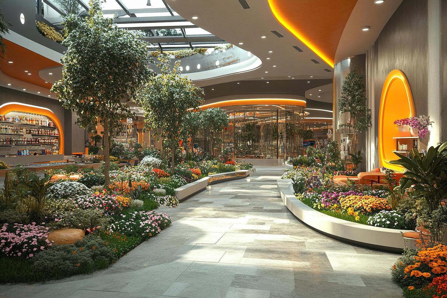 Beautiful garden with plants inside the shopping center. Generated by artificial intelligence photo