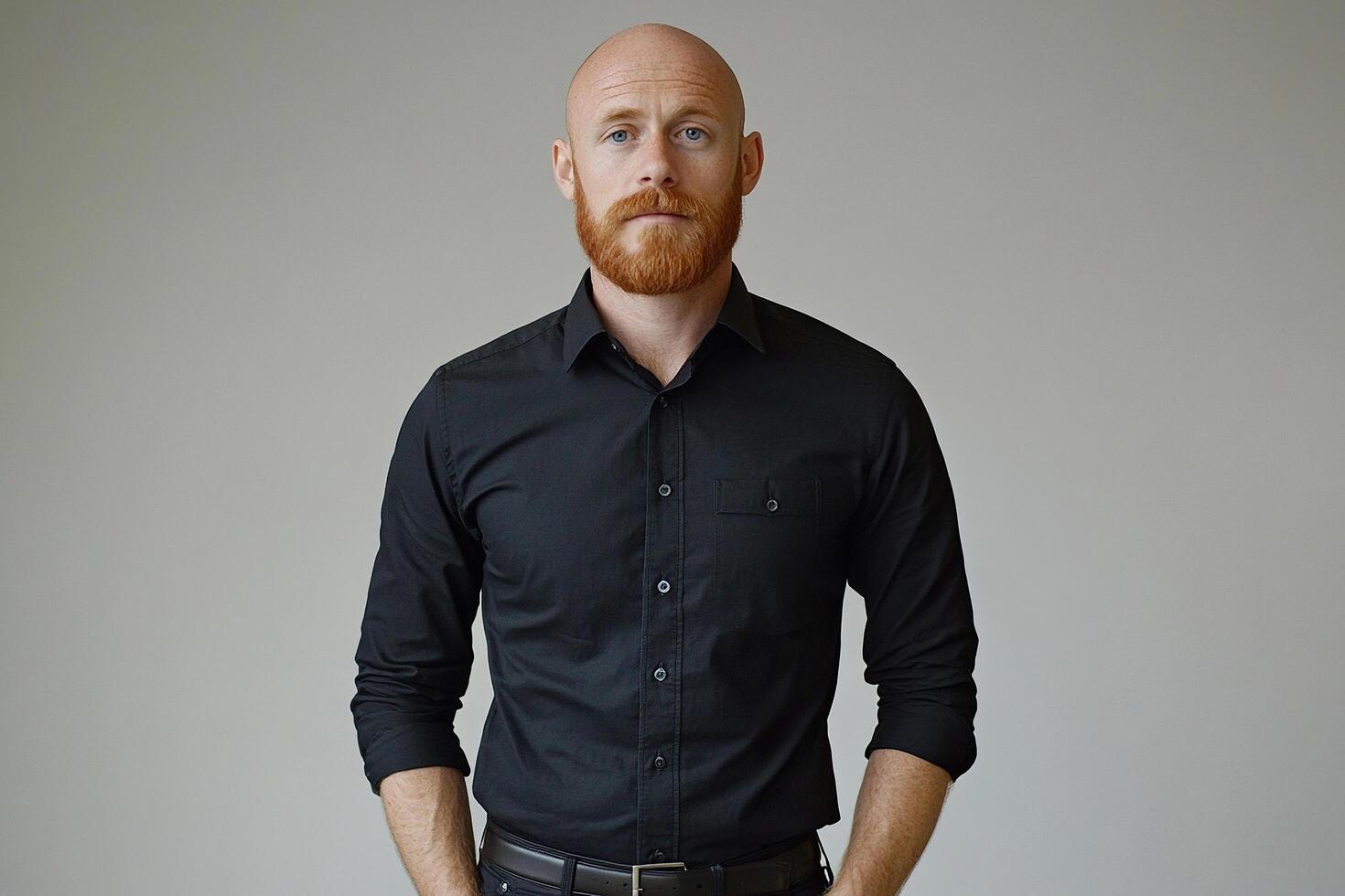A photograph of a middle-aged man with a bald head and a short red beard, wearing a black shirt. Generated by artificial intelligence photo