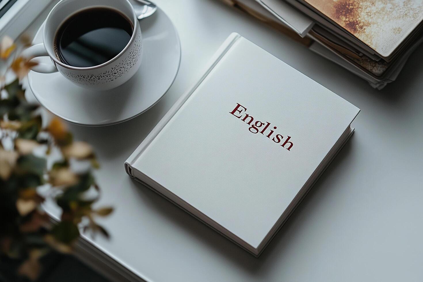 A book with the inscription English lies on the table next to a cup of tea. Concept of learning English. Generated by artificial intelligence photo
