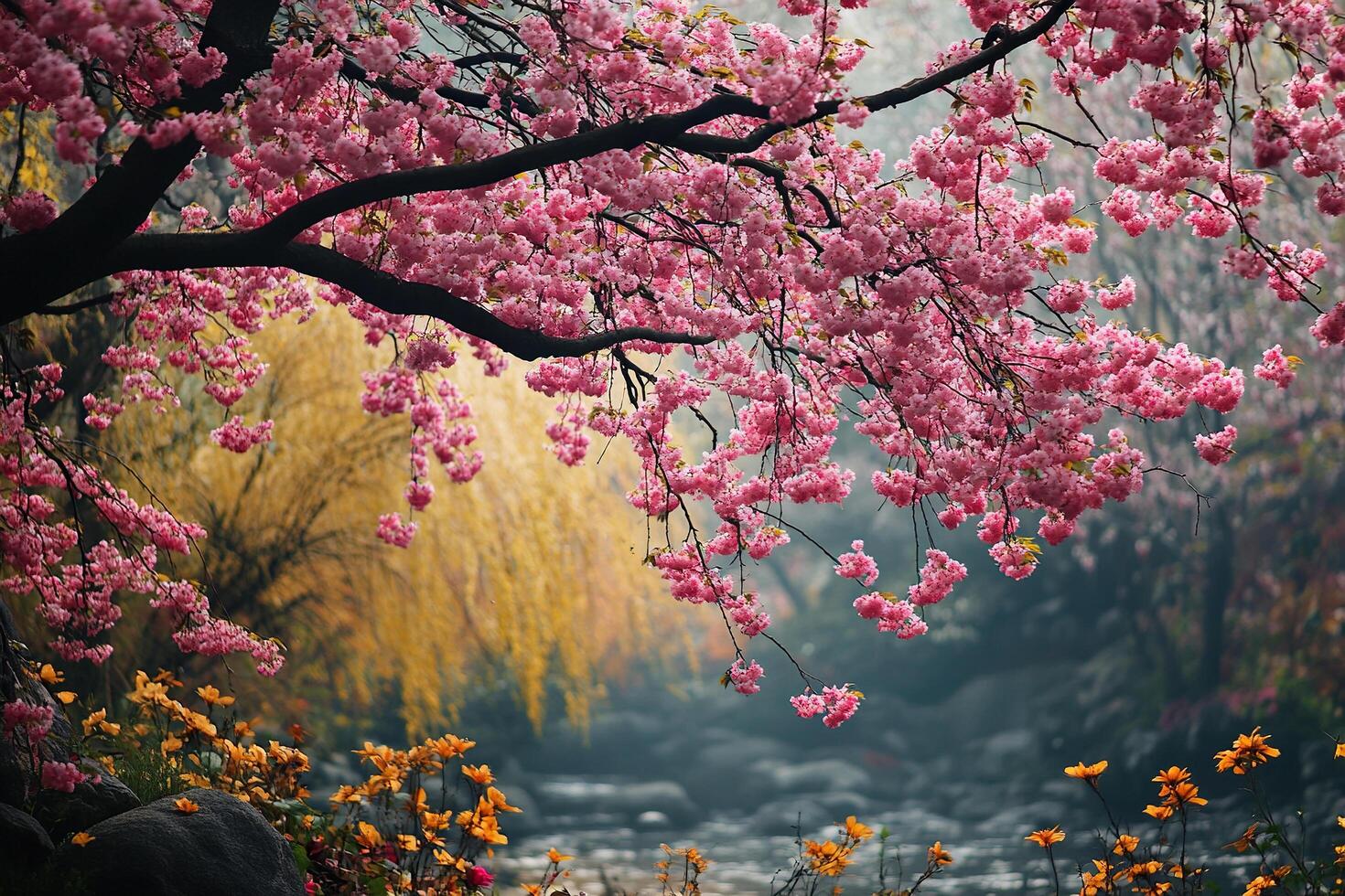 On a cloudy day, a beautifully blooming pink cherry tree leaned over the river. Generated by artificial intelligence photo