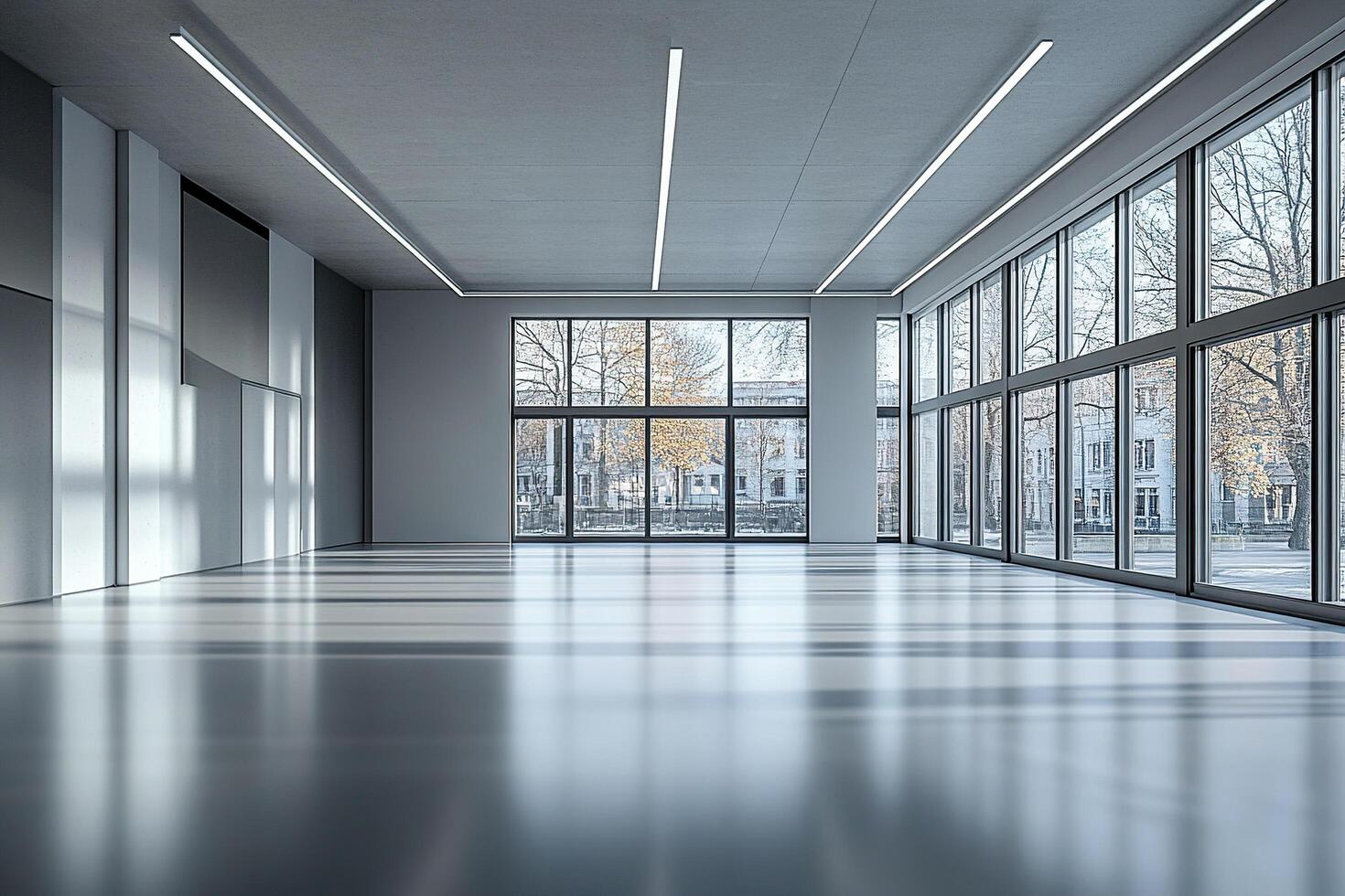 A spacious empty room with panoramic windows. Premises for business. Generated by artificial intelligence photo