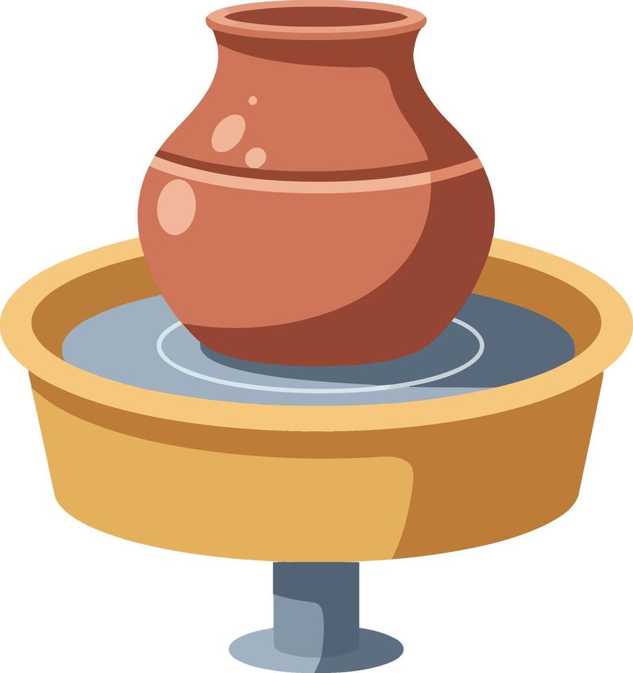 Clay pot resting on a circular fountain base, designed in a minimal style, showcasing serenity in art vector