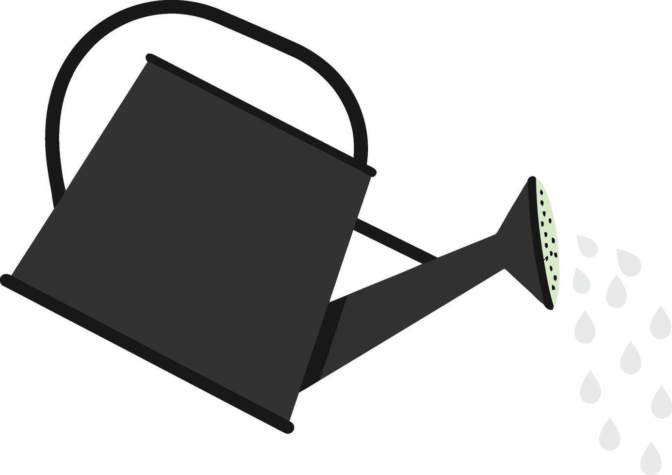 Black watering can pouring water droplets in a flat and minimal design style, representing gardening and nurturing in art vector
