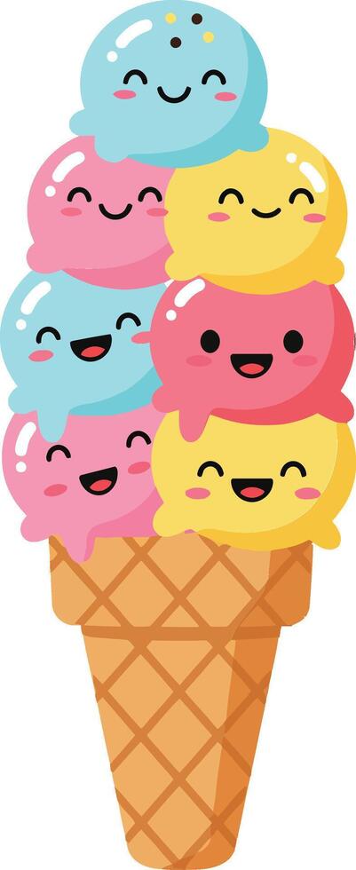 Colorful ice cream cone with smiling scoops in flat design showcasing joy and sweetness art vector