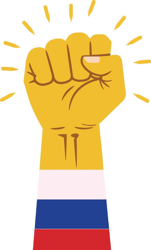 Bold raised fist symbolizing strength and unity with colorful stripes, minimal design style, showcasing empowerment and determination in illustration vector