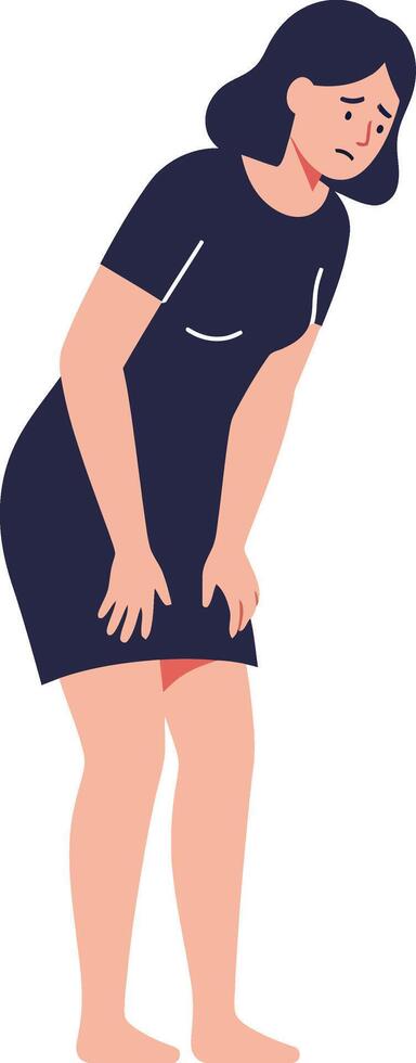 Woman in a black dress holding her knee in discomfort, depicted in a minimal flat style illustration vector