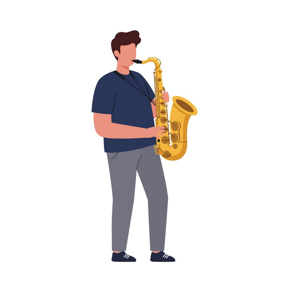 Young man playing a golden saxophone in a flat, minimal style illustration with a joyful and relaxed mood vector