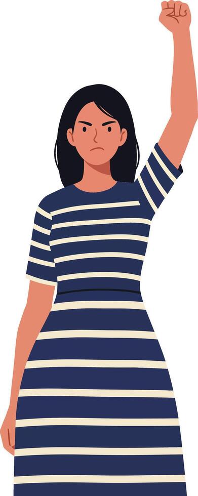 Strong woman raising her fist in defiance while wearing a striped dress in a flat illustration vector