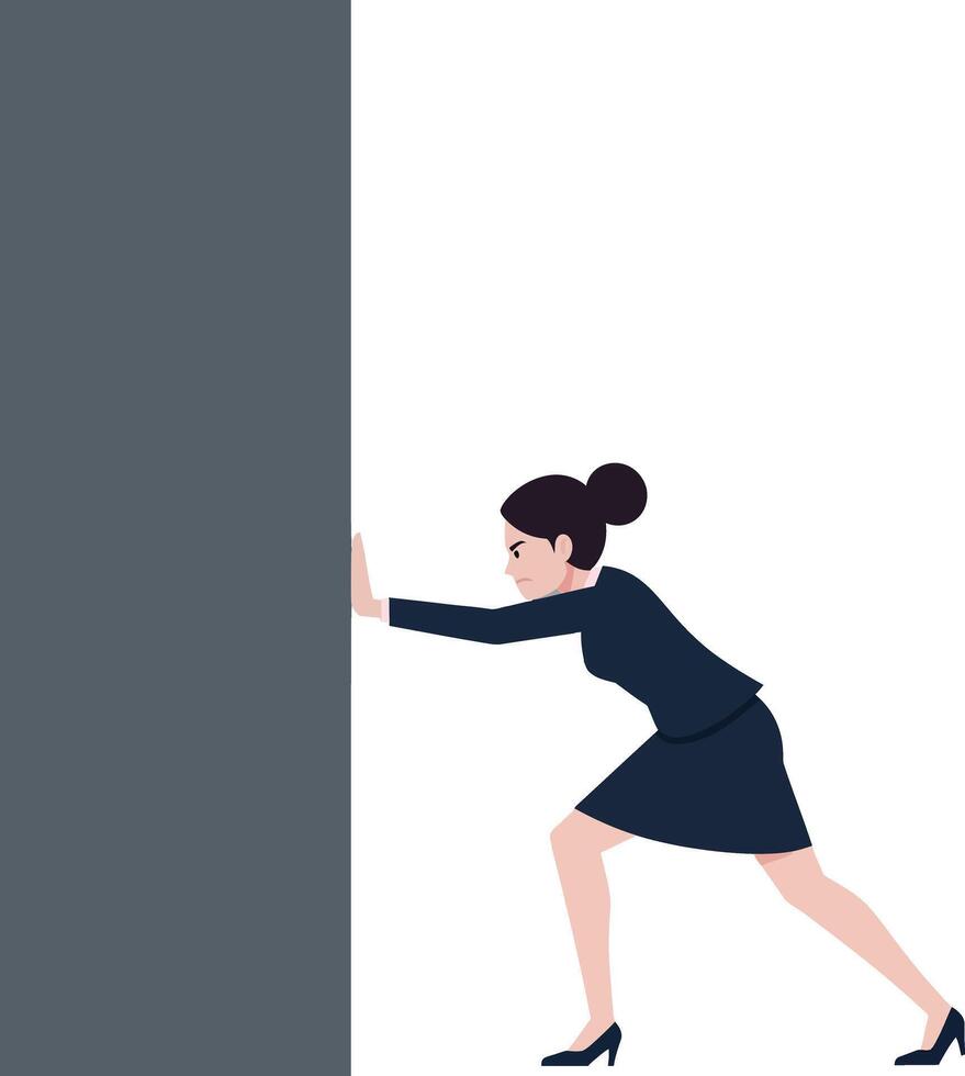 A determined businesswoman in a black suit pushing against a large grey wall in a flat illustration depicting resilience and perseverance in a challenging situation vector