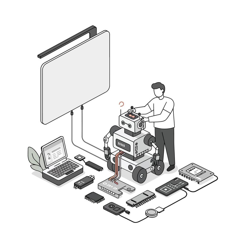 un hombre trabajando en un robot con varios electrónico componentes en un mínimo estilo ilustración vector