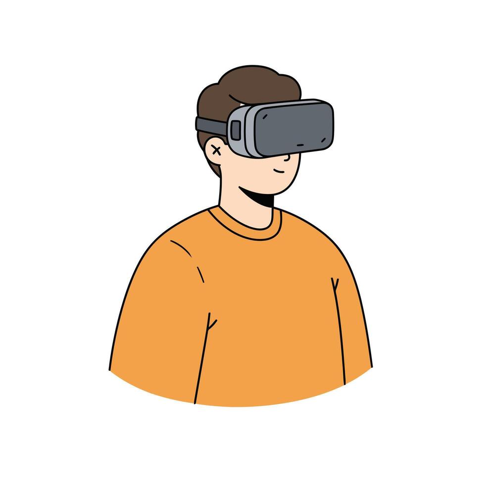 Person wearing virtual reality headset in casual orange shirt, minimal flat design showcasing modern technology and immersive experience in illustration vector