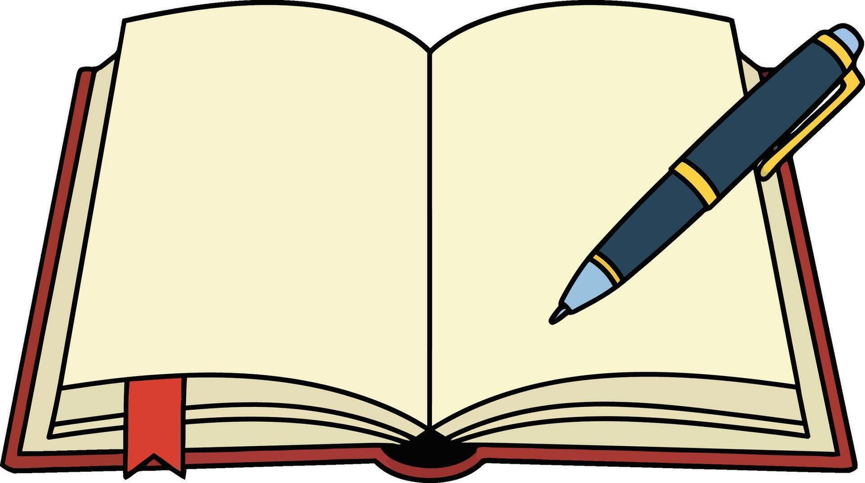 Open book with blank pages and a stylish pen resting on top in minimal art style vector