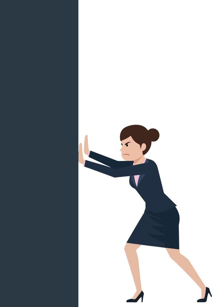 Determined businesswoman pushing against a large obstacle in a minimal flat design illustration showcasing perseverance and strength in a modern office setting vector