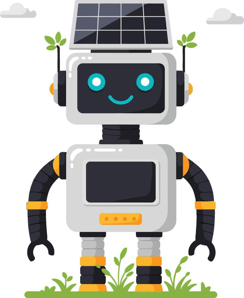 Friendly solar-powered robot standing in a green field with a cheerful expression in a flat illustration vector