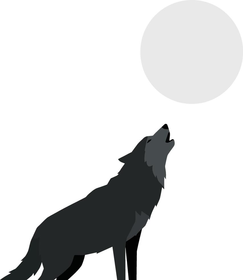 Howling wolf silhouette against a large pale moon in a flat illustration capturing wilderness and solitude vector