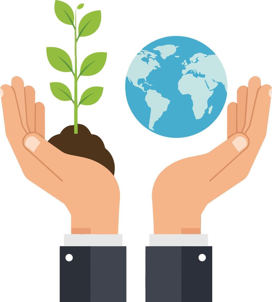 Hands holding a small plant and a globe in a flat design style representing environmental care and sustainability illustration vector