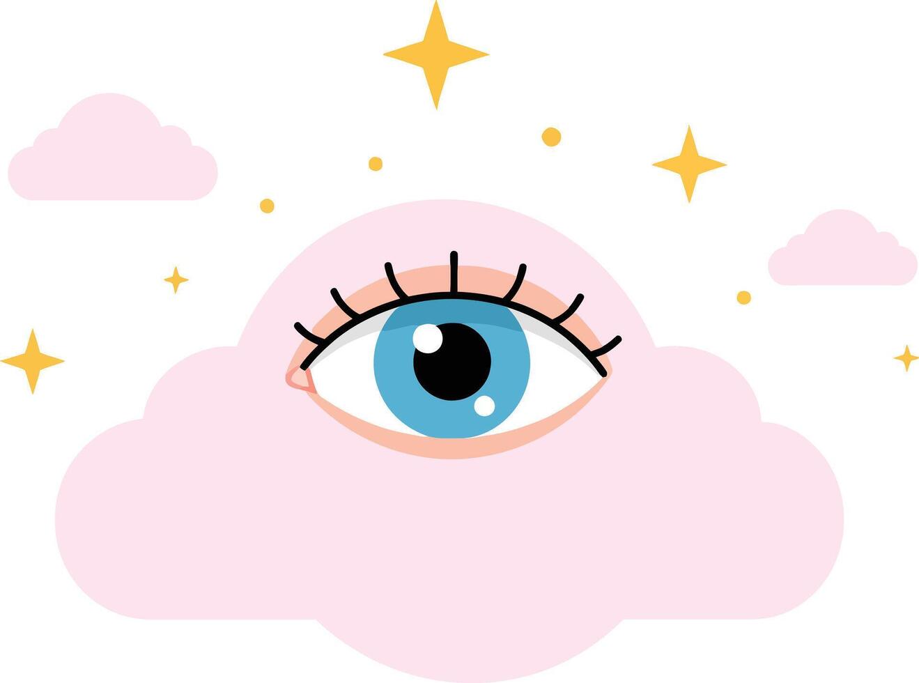 Eye peeking through fluffy pink clouds with sparkling stars in a minimal flat illustration vector