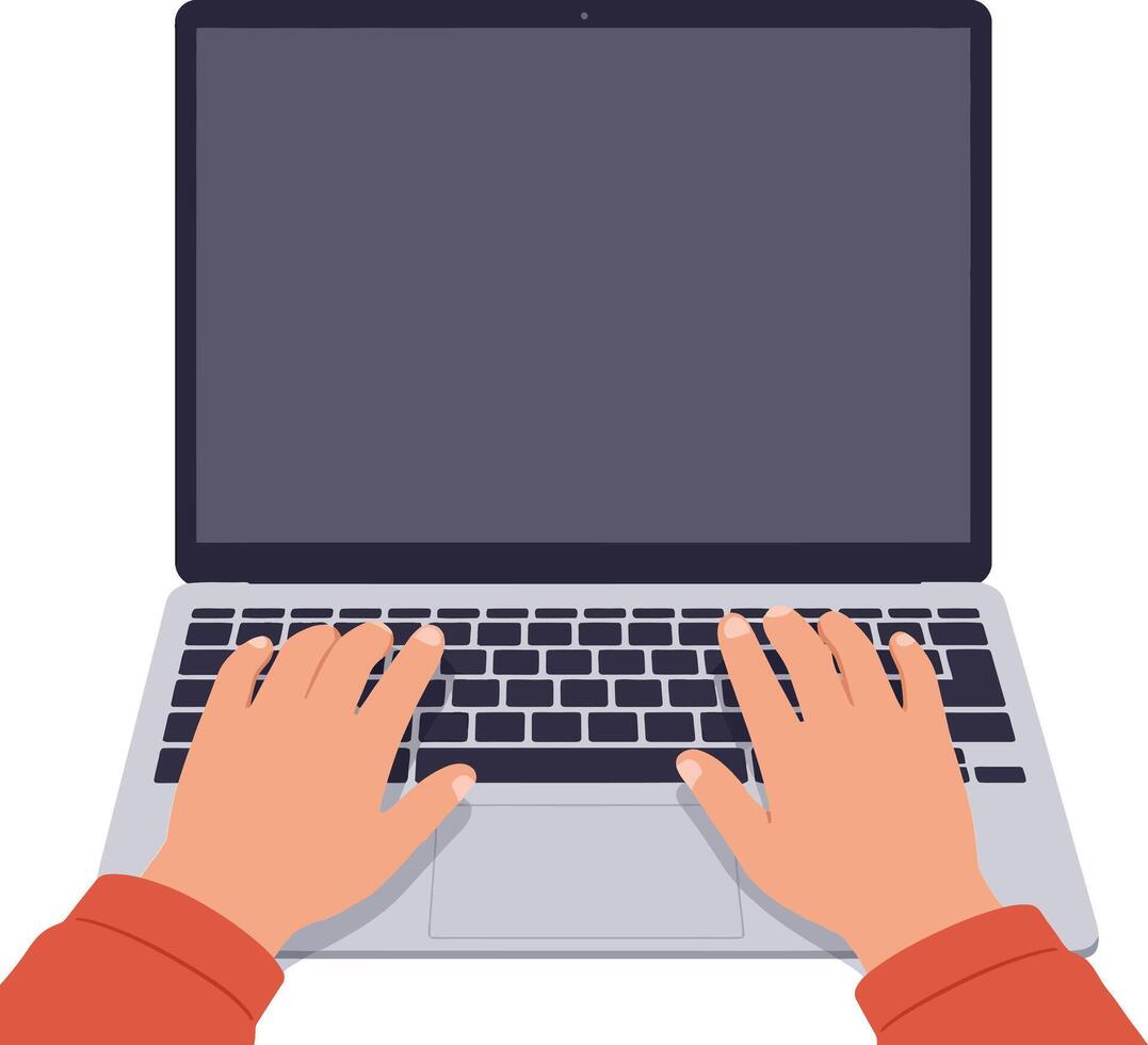 Hands typing on a sleek laptop keyboard in a flat design style showcasing modern technology and workspace aesthetics in art vector