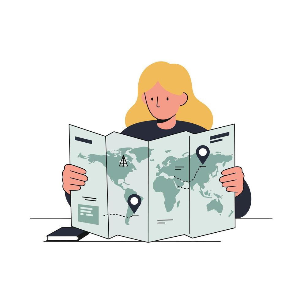A woman with blonde hair studying a detailed map while seated at a table in a flat illustration vector