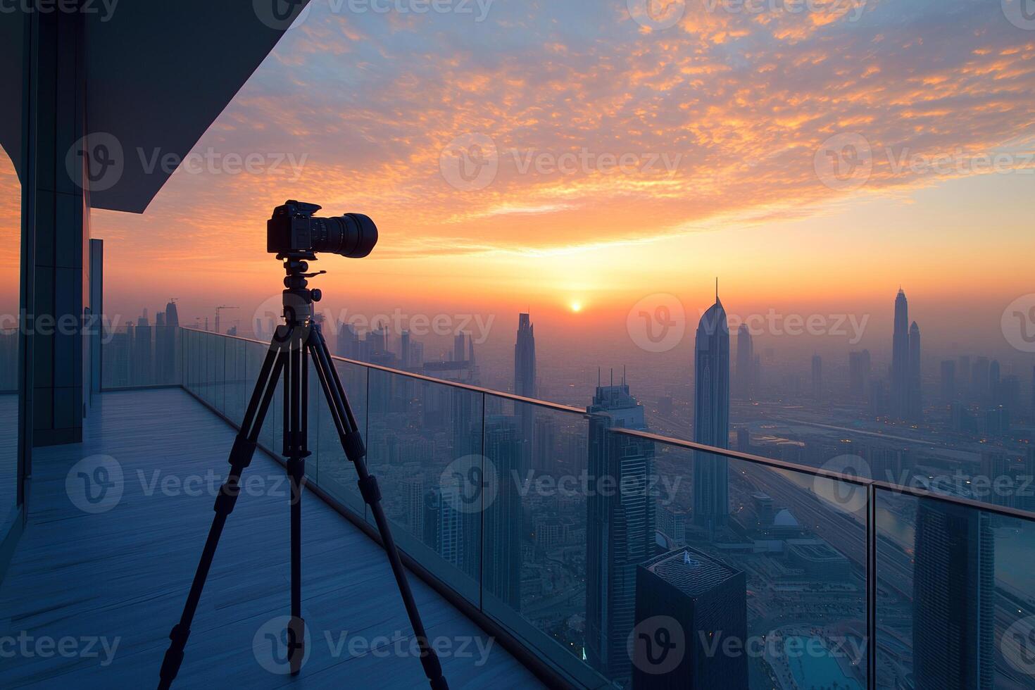 A high-end DSLR or movie camera mounted on a tripod on a skyscraper balcony to capture the sprawling metropolis during the golden hour of sunrise or sunset. photo