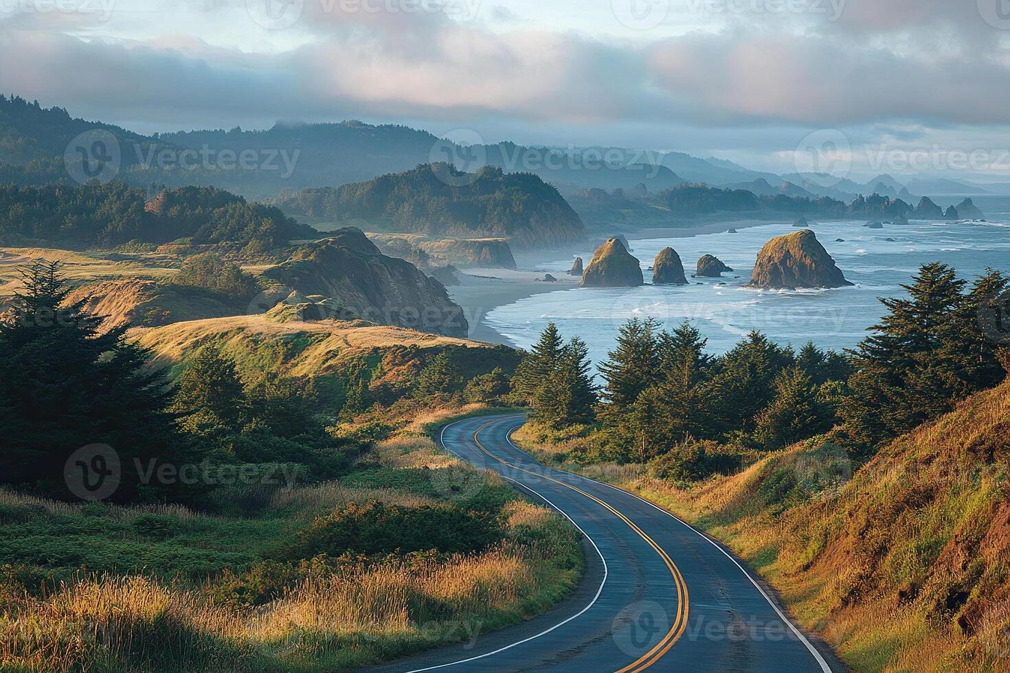 Panoramic view of the picturesque route running along the ocean. Travel concept. photo