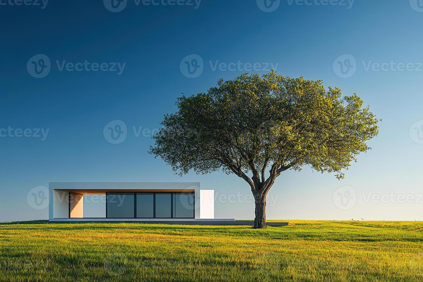 Minimalistic scene featuring a large green tree in the foreground and a single-story house in the background against green grass and blue sky. Generated by artificial intelligence photo