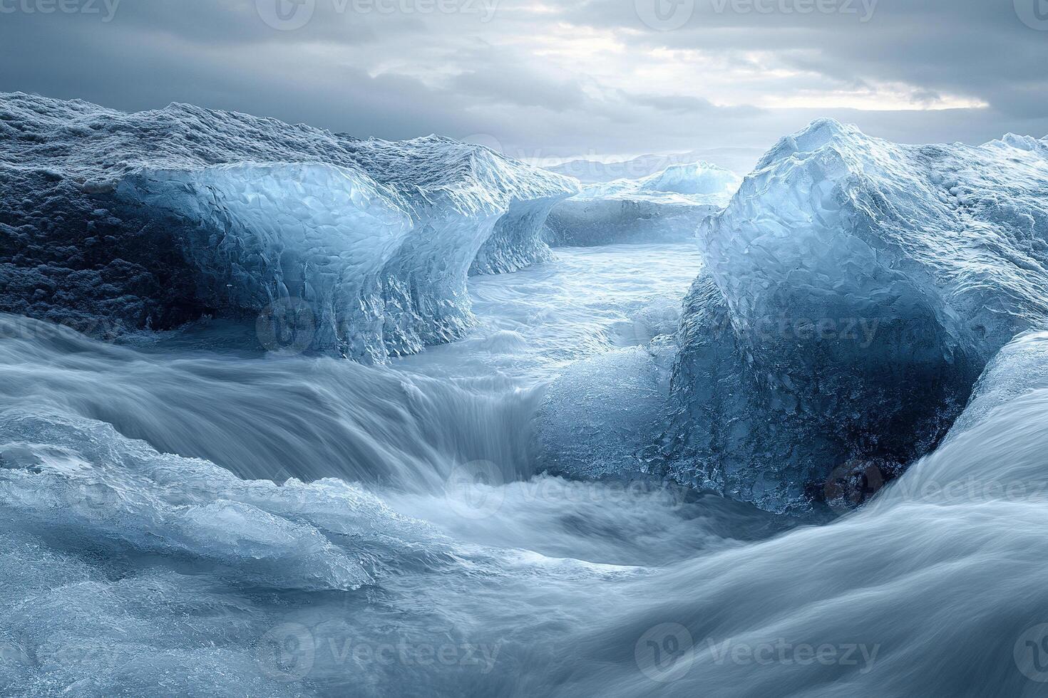 Close-up of massive glacier melting in Antarctica. Ice and water in cloudy weather. Generated by artificial intelligence photo