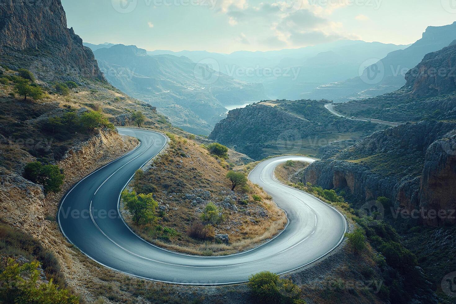 Mountain asphalt road makes a sharp turn. Photo of mountain serpentine from above. Generated by artificial intelligence