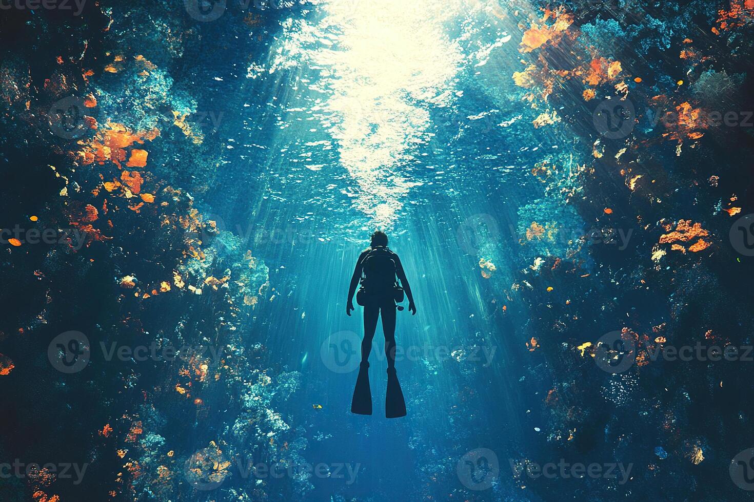 A diver rises to the surface of the water in a gorge of underwater rocks. Generated by artificial intelligence photo