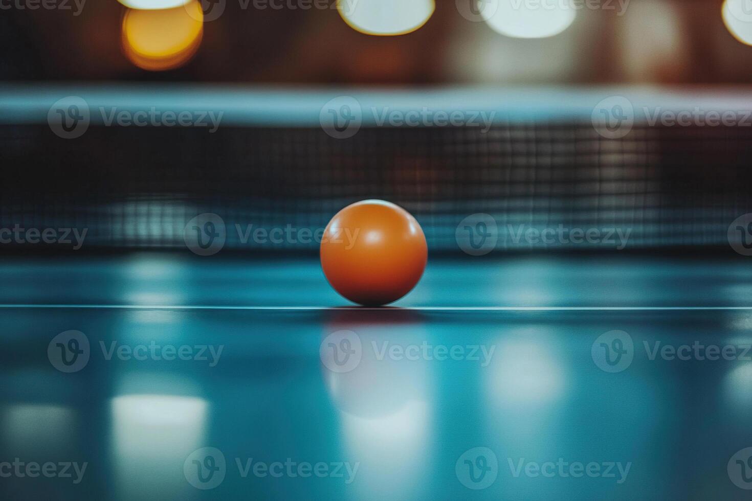 Orange ping pong ball lies on a blue table with a net. Table tennis blur background. Generated by artificial intelligence photo