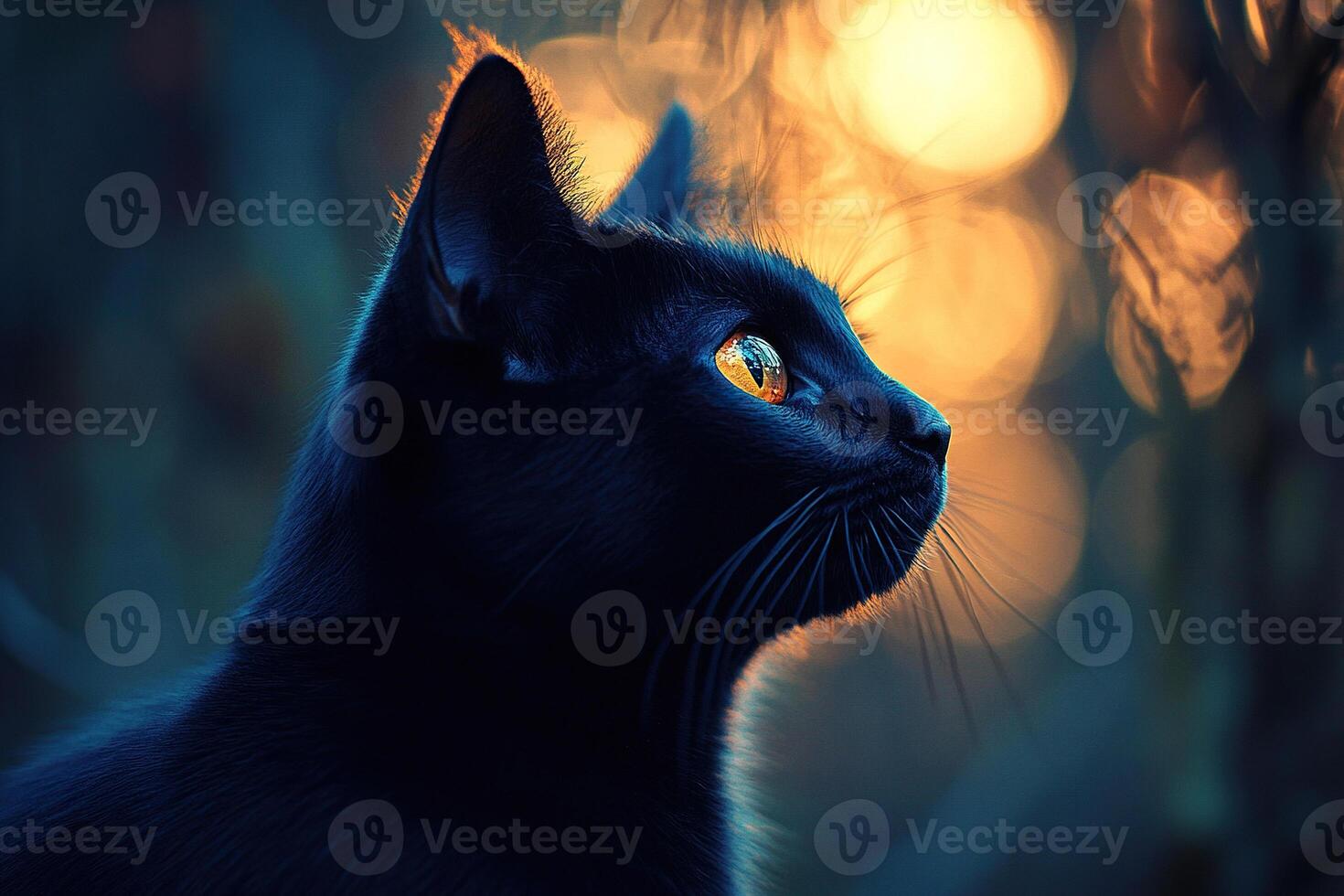Portrait of a black cat with a blurred golden bokeh background. Generated by artificial intelligence photo