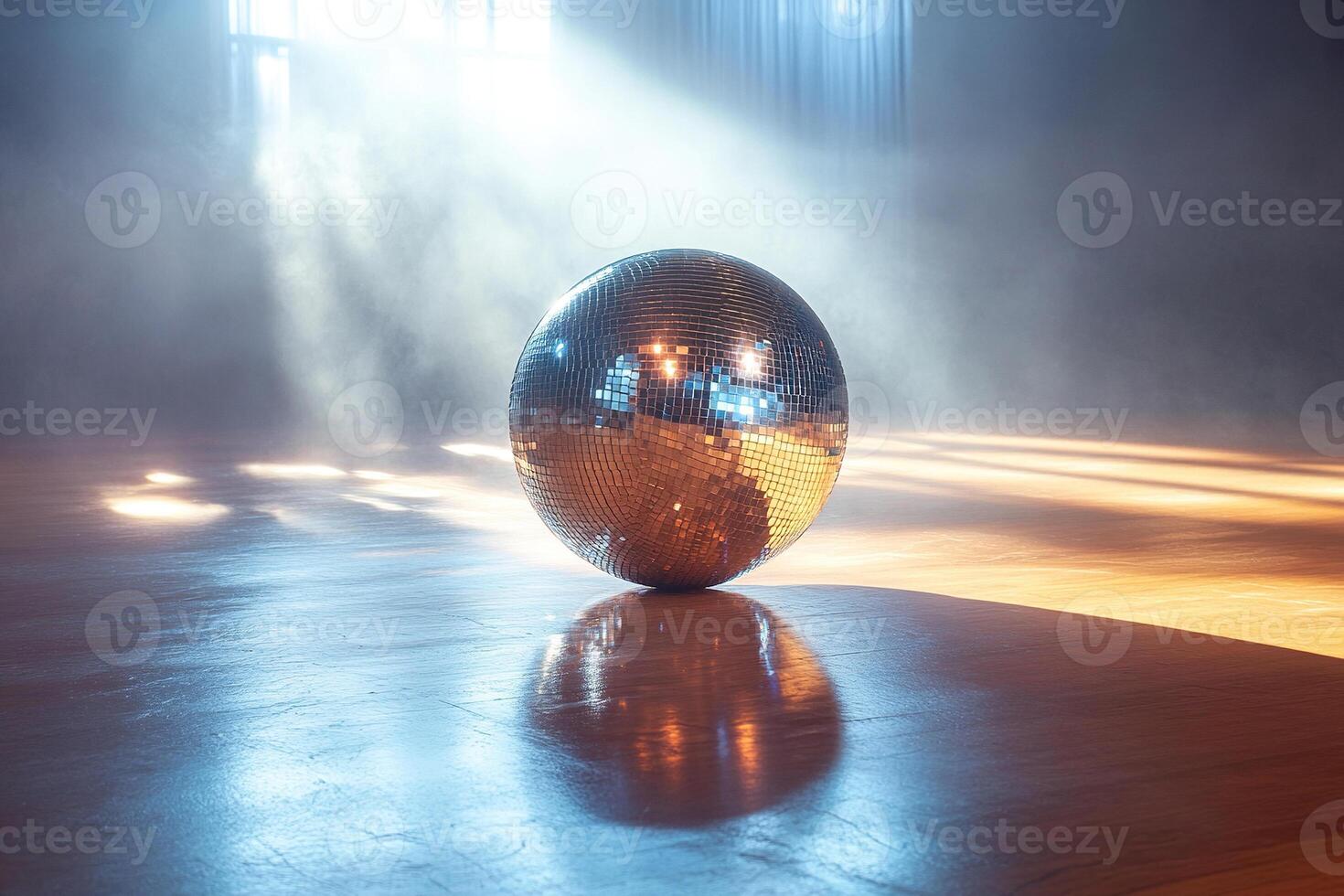 A mirrored disco ball on the floor is illuminated by a beam of bright light in an empty dance studio. Generated by artificial intelligence photo