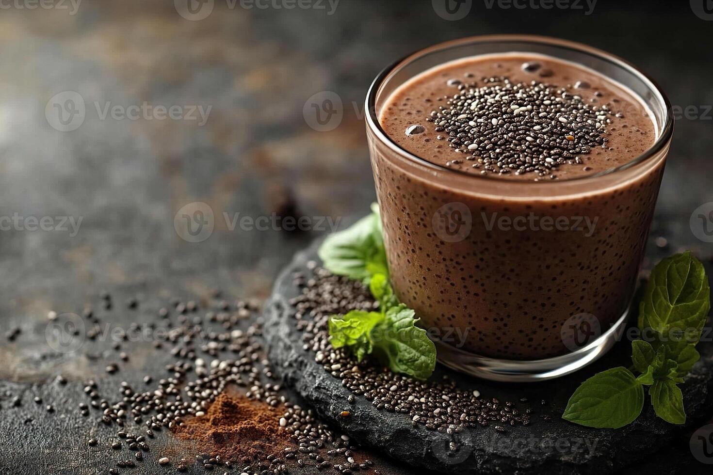 Chocolate protein smoothie with chia seeds and mint on a granite tray. Generated by artificial intelligence photo