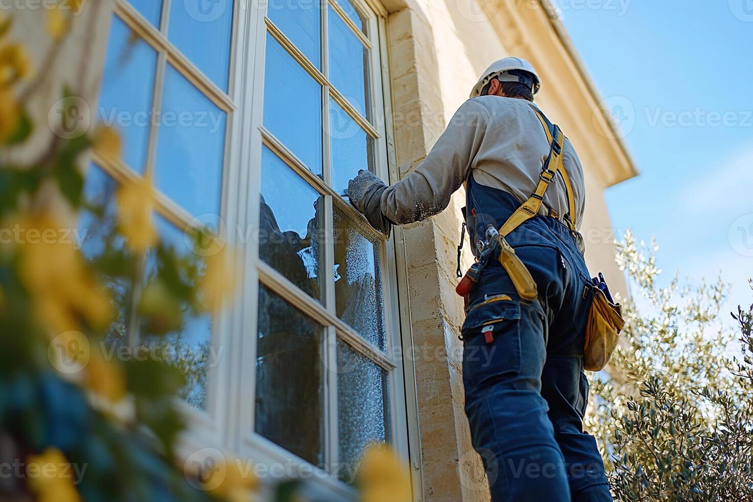 A worker stands on a ladder and repairs the facade of a house near a window. Generated by artificial intelligence photo