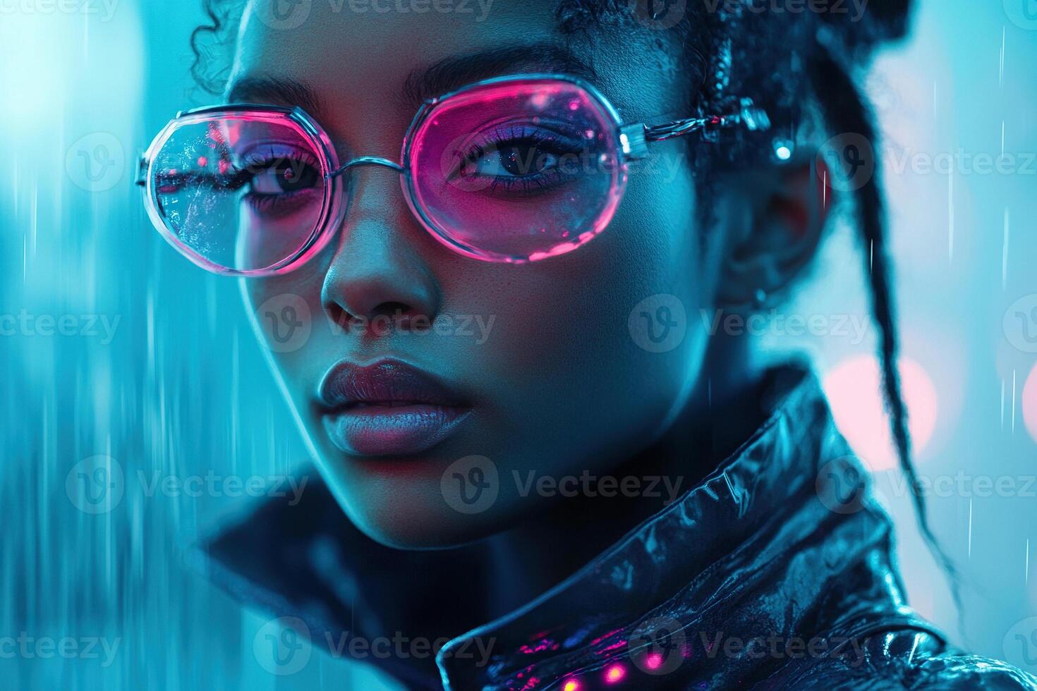 Close-up of the face of a young African American woman wearing cyberpunk glasses. Cyber futuristic concept photo