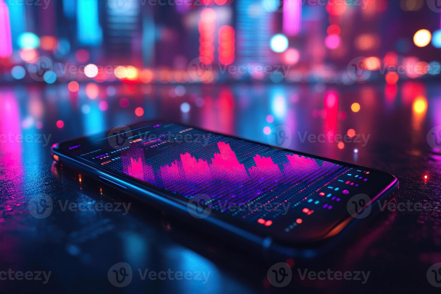 Digital sound equalizer on a mobile phone screen with colorful, glowing lights and a night city background. Concept of music, audio. photo