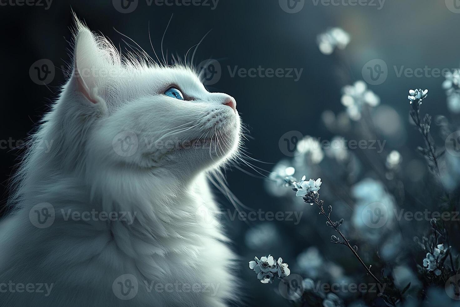Adorable white Persian cat with blue eyes sits and looks up against a blurred blue background with flowers. The mystical beauty of cats. photo