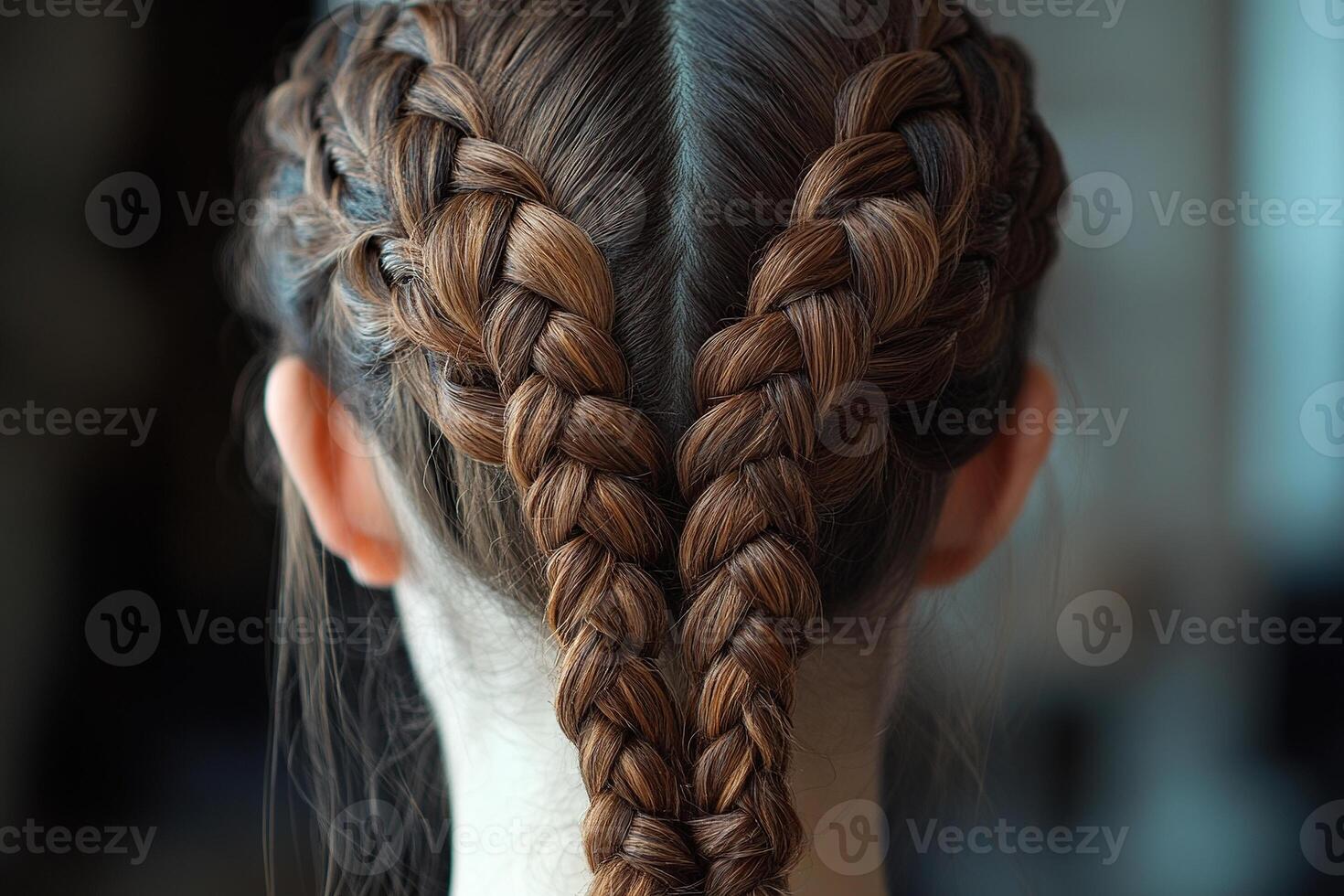 A rear view of a young woman's hair braided into two pigtails. Generated by artificial intelligence photo