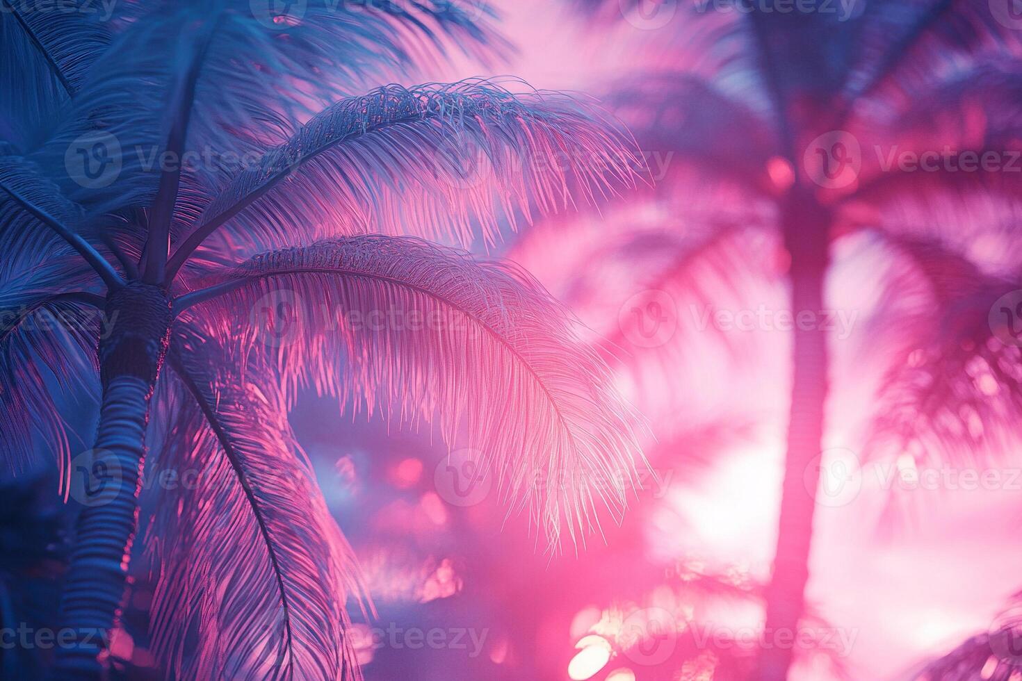 Neon purple background with palm trees. Palm leaves in a light haze against a purple sky. Generated by artificial intelligence photo
