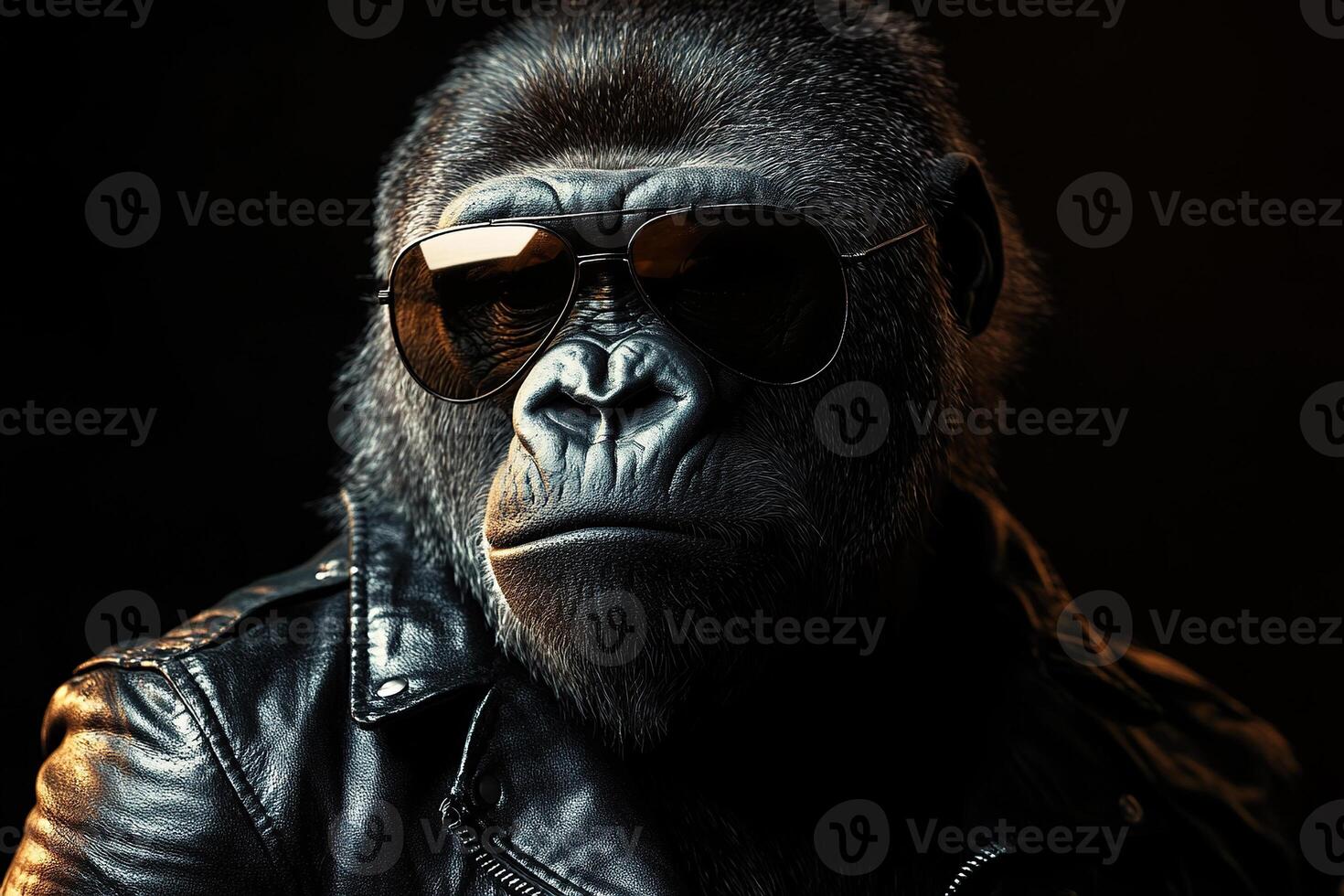 Gorilla in black sunglasses and leather jacket on black background. Generated by artificial intelligence photo