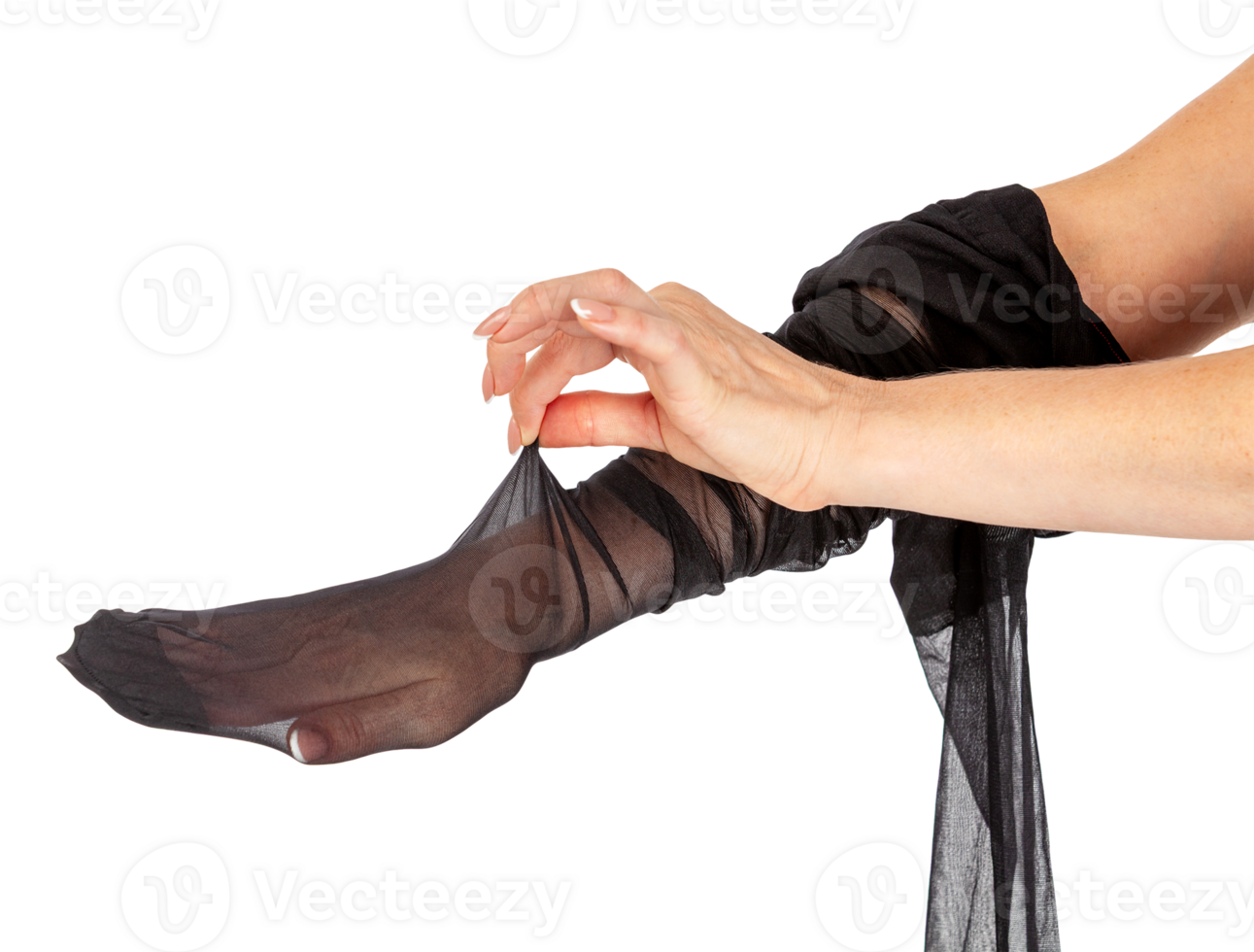 Female hand with black stocking pulled over it. The woman checks the quality of the tights, isolated png