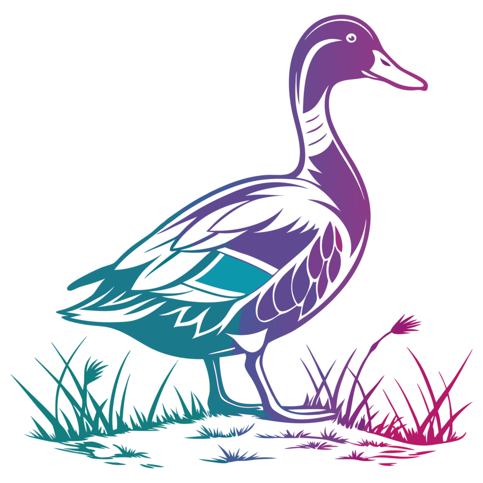 a duck standing on the grass with a blue and purple background png