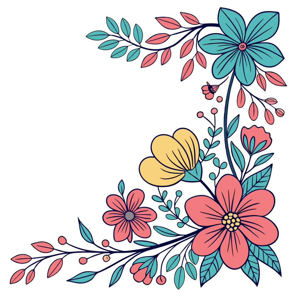 floral corner frame with flowers and leaves on transparent background png
