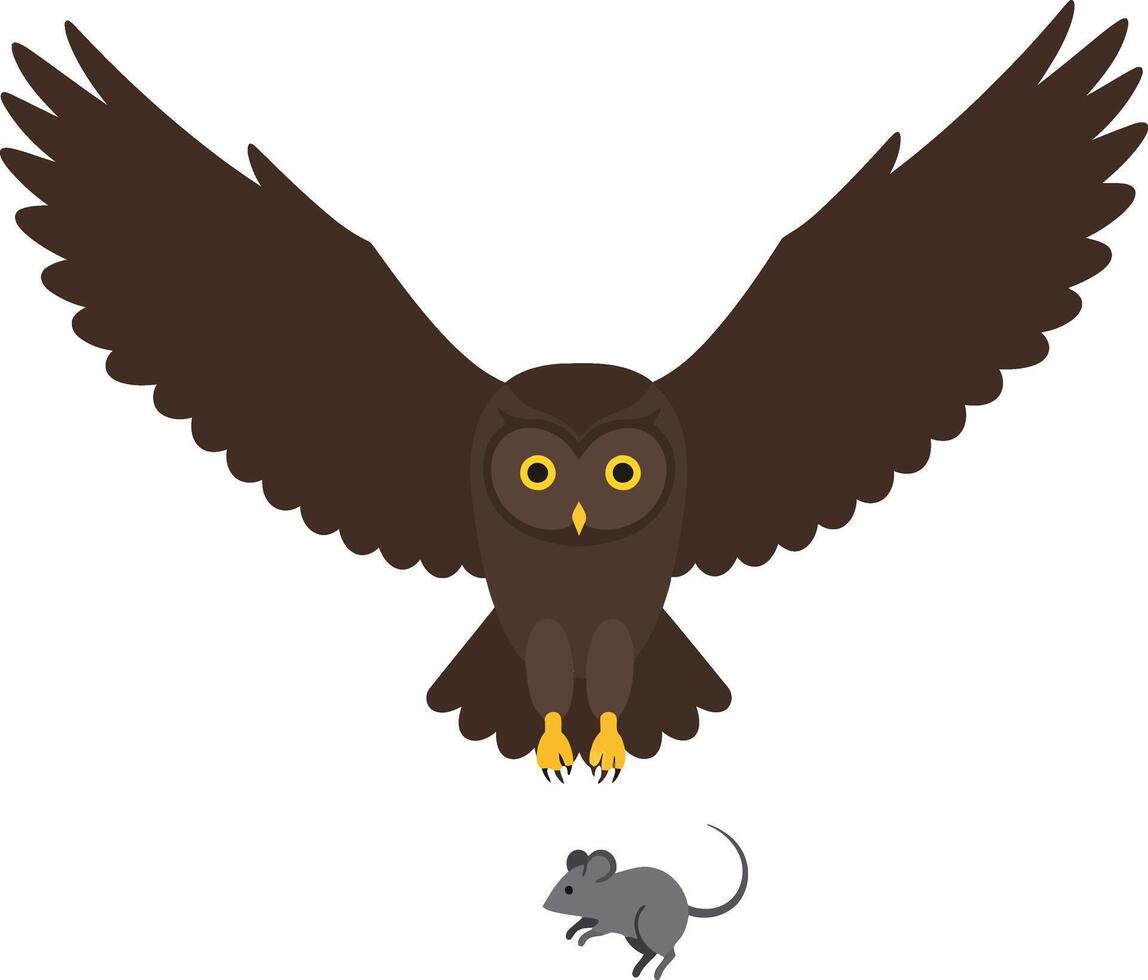 Majestic owl soaring downwards with outstretched wings to catch a small mouse in a minimalistic flat art vector