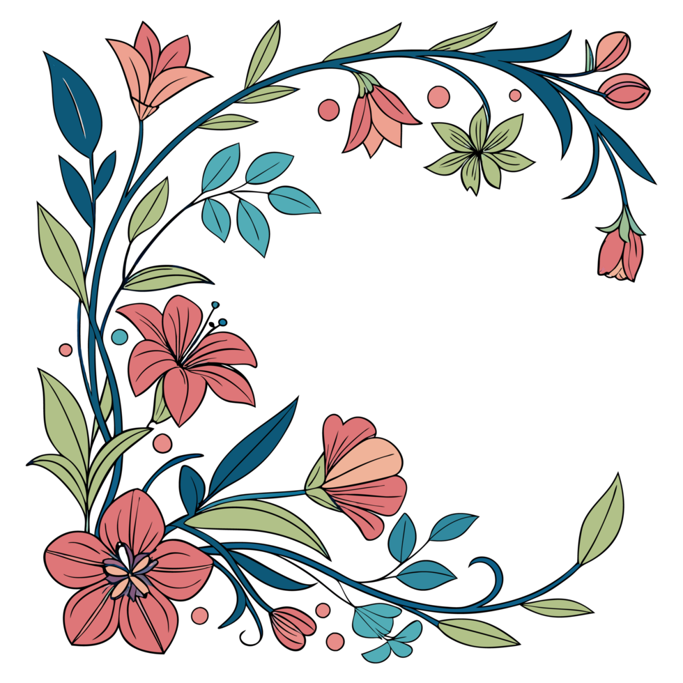 floral frame with leaves and flowers on a transparent background png