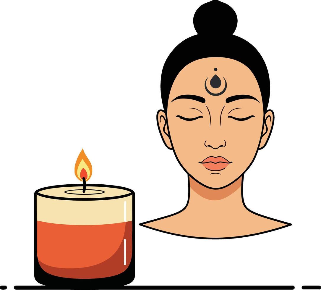 A serene woman meditating with closed eyes beside a glowing candle in a flat illustration vector