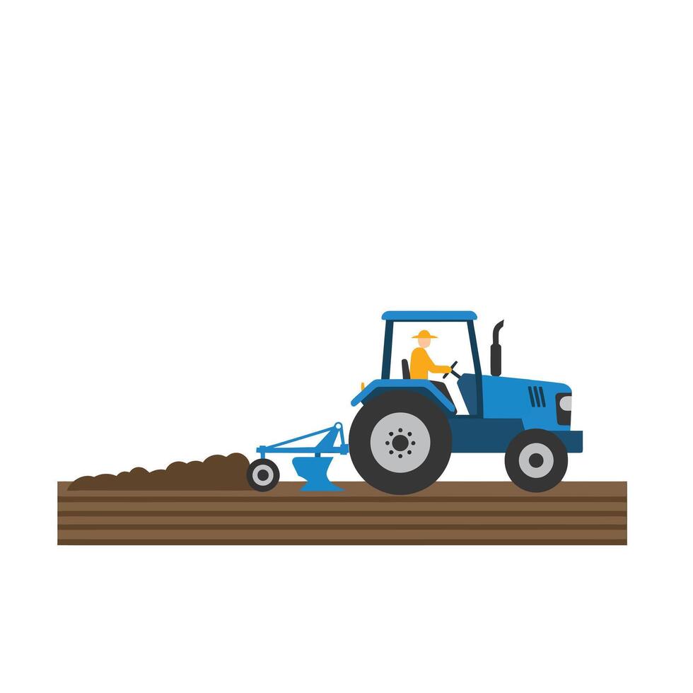 Blue tractor plowing soil in a flat, minimal style illustration depicting agricultural activity under bright sunlight with a farmer at work in a field. vector